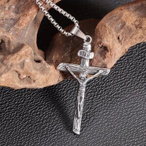 925 Silver Mens 24" Chain Link Cross Crucifix Necklace Guys Christian Jewelry
